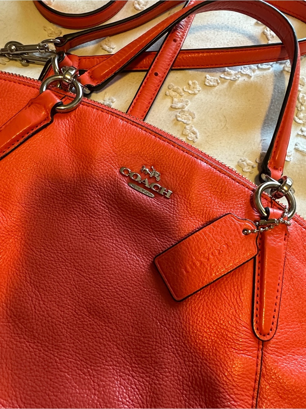 Coach Pebbled Leather Kelsey satchel coral Shoulder Bag with Silver Hardware